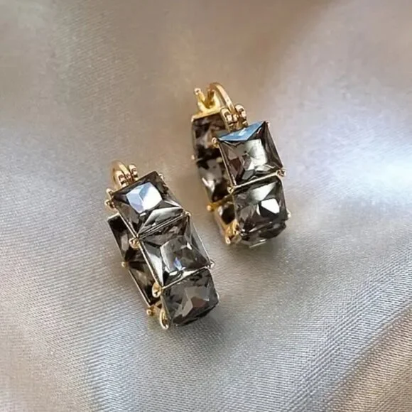Gold Tone Huggie Earrings w/ Black Princess Cut Stones and Tons of Bling #1491 - Picture 1 of 4